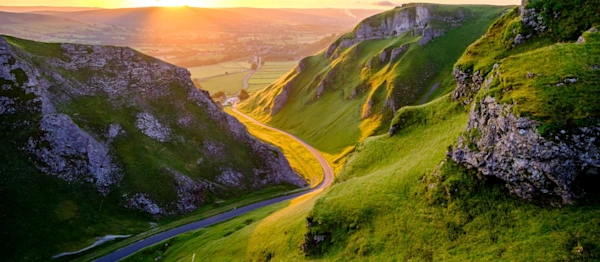 Golden Sunrise through Winnats Pass in the Peak District, Derbyshire,