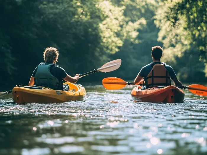 A couple kayaking on a river, paddles cutting through the water, surrounded by trees and nature.