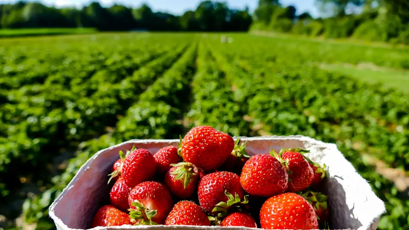 Erdbeeren in einer Schale mit einem Feld im Hintergrund.