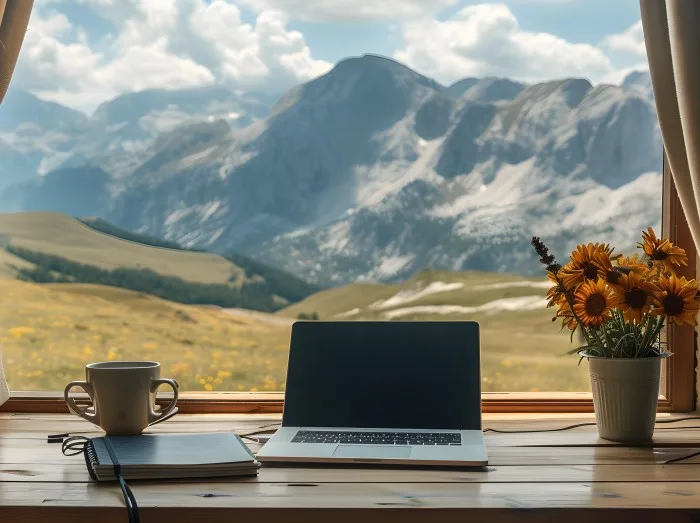 Working from the resort with mountain view at window, workcation, Autumn travel