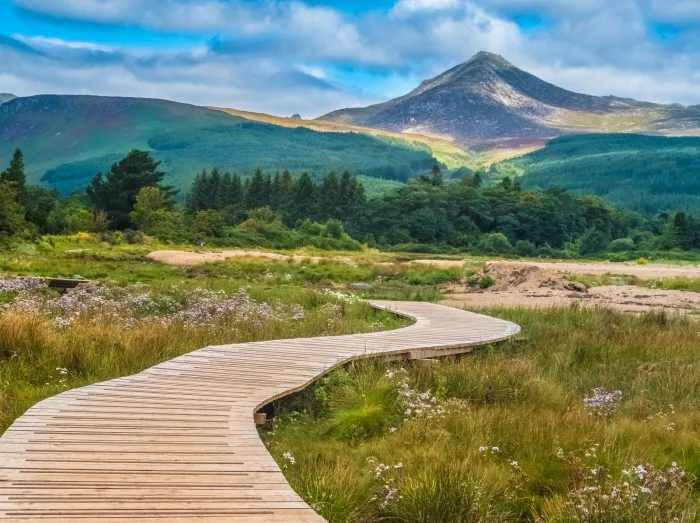 View of the Goat Fell Mountain, Brodick (Tràigh a' Chaisteil, “Castle Beach”, Breadhaig) the main town on the Isle of Arran in the Firth of Clyde