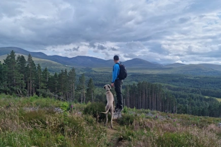 A dog walk around Glenmore Forest Park in the Cairngorms National Park, Scotland, UK