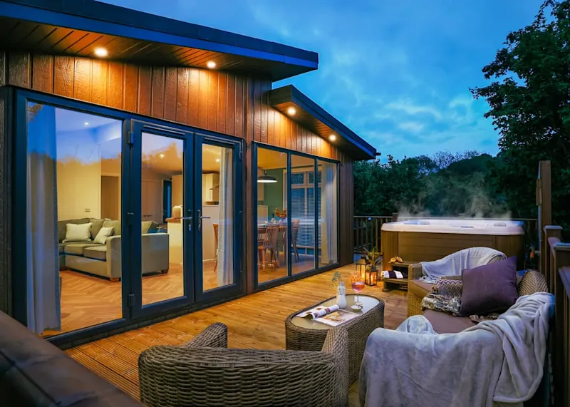 Hot tub lodge at Finlake Resort and Spa (FINL) in Chudleigh, Newton Abbot, South Devon, England, UK