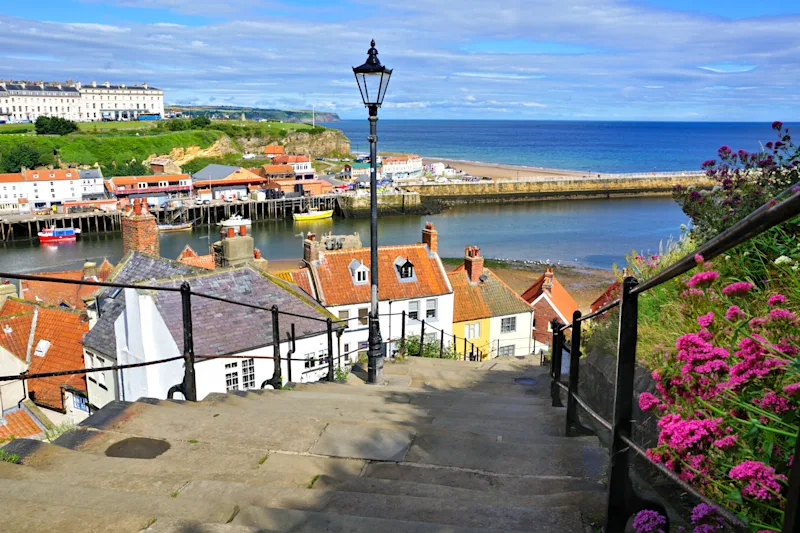 View of Whitby Harbour from the 199 Steps, North Yorkshire, England, UK