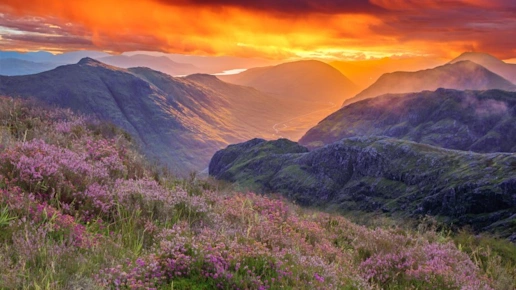 sunrise fire sky over the mountains of Glencoe, highlands