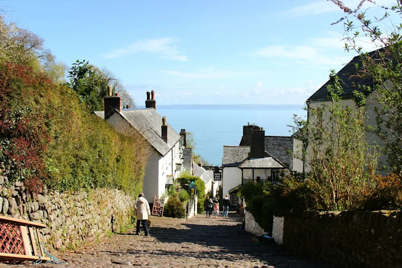 View of the sea and high street in Clovelly, a pretty Devonshire village