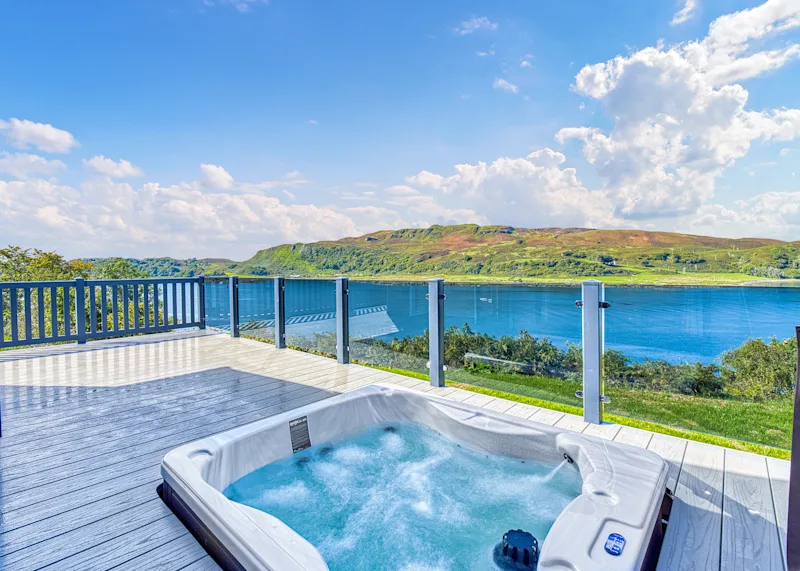 View from the Waterfront Tamarack Hot Tub Lodge 2 Bed at Oban Holiday Park (OBAP) near Oban, Scotland, UK