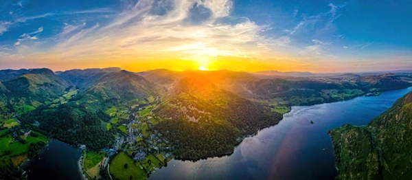Aerial view of sunset over Ullswater lake in Lake District