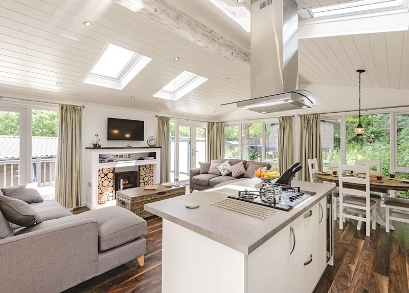 Living space in Yaverland lodge at Woodside Bay Lodge Retreat (WSBY) near Cowes, Isle of Wight, UK