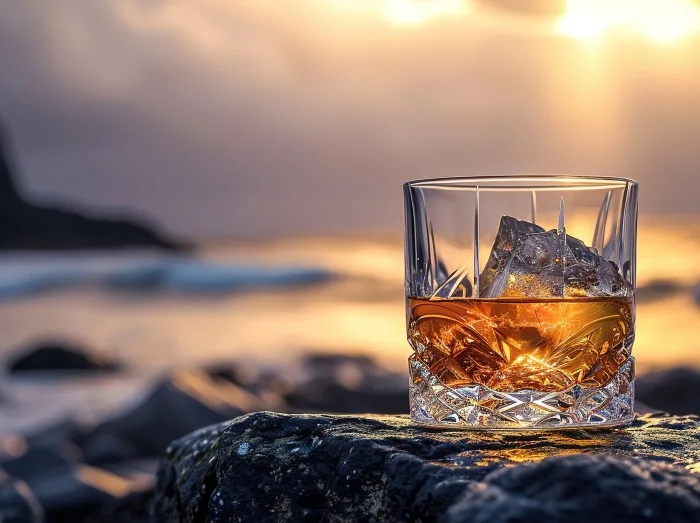 glass of whiskey shines on an ornate stone against the dark brooding light shafts in a coastline backdrop