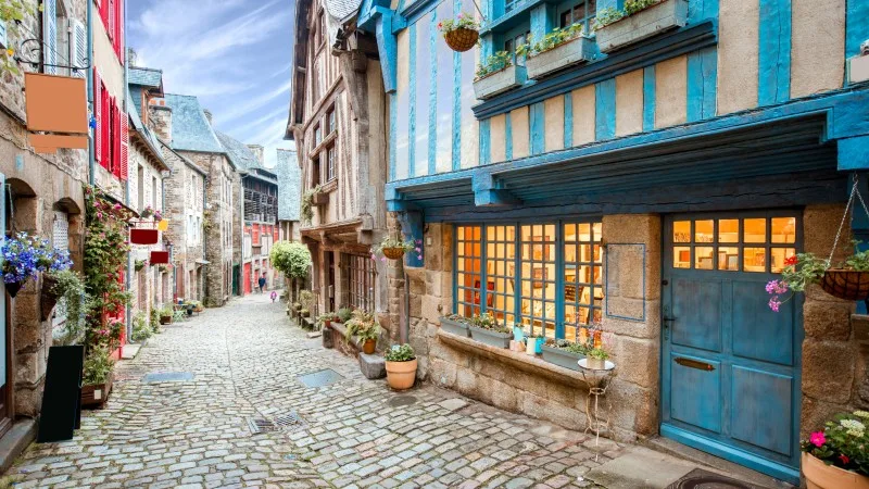 Street view at the famous Dinan town in Brittany region in France