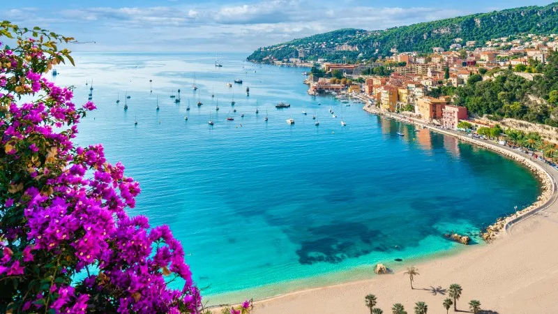French Riviera coast with medieval town Villefranche sur Mer, Nice region,