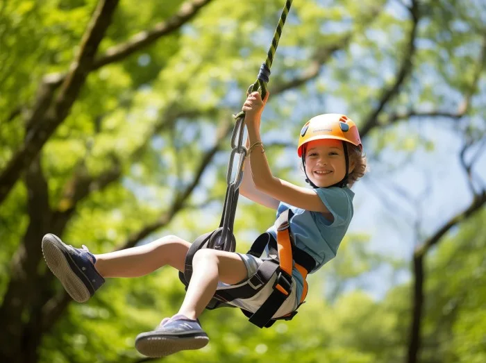 Exhilarated child zips through a lush forest, equipped with safety gear.