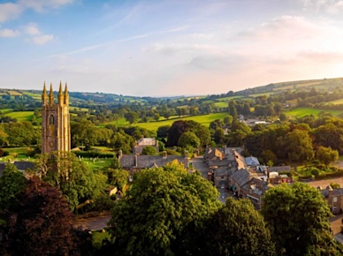 Aerial view of Widecombe in the Moor, a village and large civil parish on Dartmoor National Park in Devon