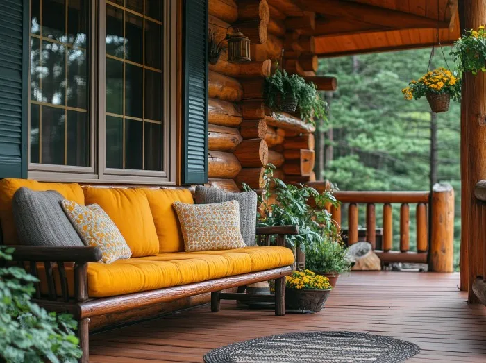 Log cabin porch with comfy seating and greenery