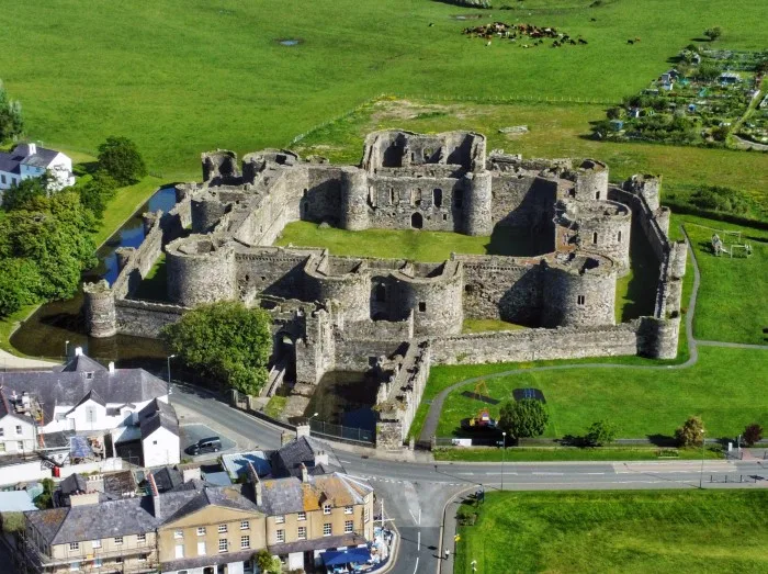 An aerial shot of the ancient Beaumaris castle