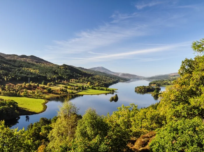 Beautiful summer view across Loch (Lake) Tummel seen from Queen's View, a famous viewpoint. Located near Pitlochry, Perthshire, Scotland