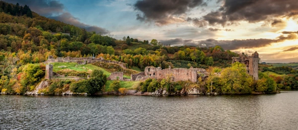 View of Urquhart Castle and Loch Ness in the Highlands of Scotland