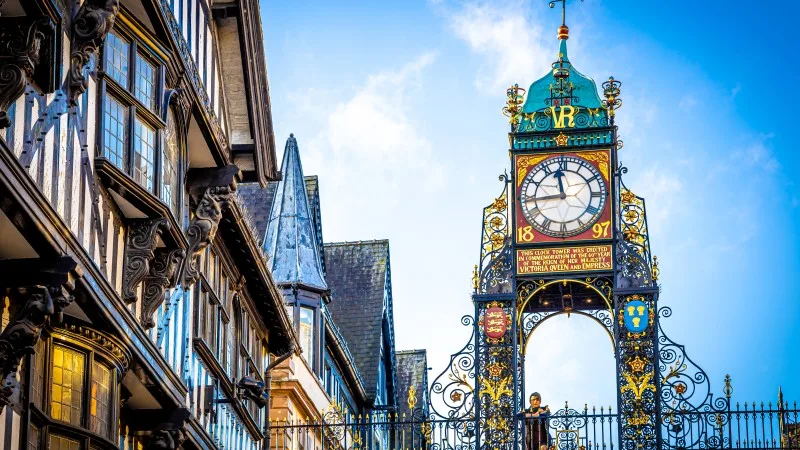 Eastgate clock of Chester, a city in northwest England, known for its extensive Roman walls made of local red sandstone