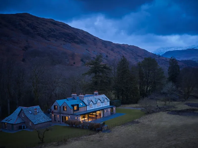 Exterior of Starfell Cottage at nighttime, Eskdale, Cumbria, Lake District, UK