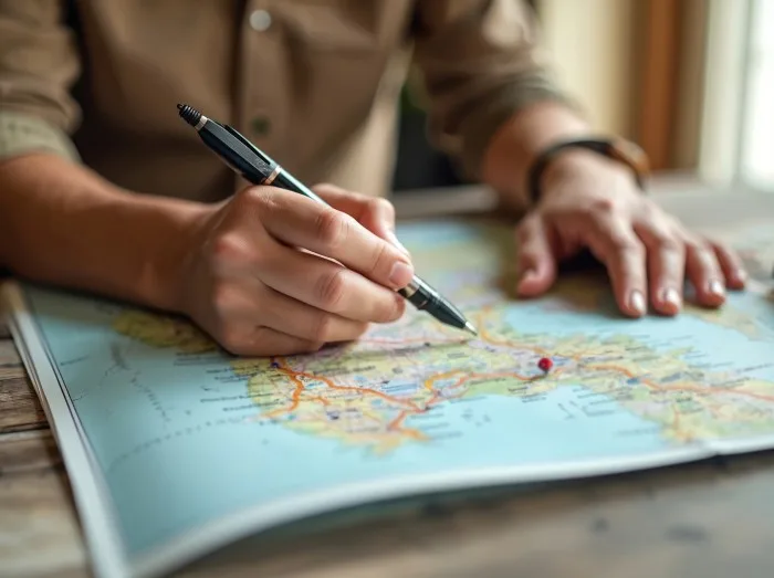 Tourist planning travel route reading road map. Man explores journey with pen, checks landmarks. Travel adventure planning for vocation long weekend holidays.