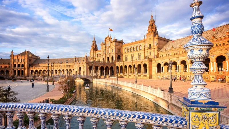 Blue azulejos bridge on Plaza de Espana (Spain square), Seville famous landmark, Andalusia, Spain