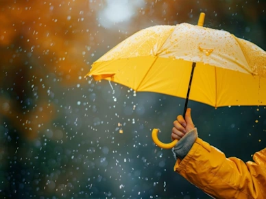 Hand in a yellow raincoat holds a yellow umbrella