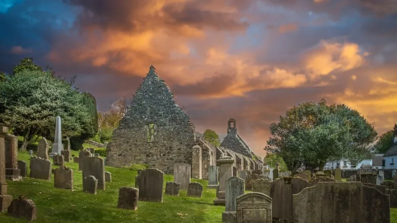 The Old Kirk Ruins at Kirkoswald against a red Stormy Sky