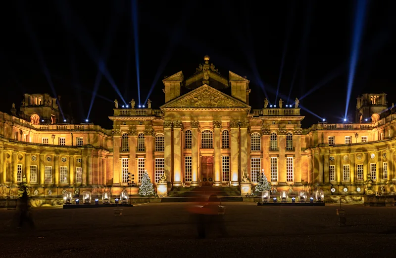 Blenheim Palace lit up at Christmas, Woodstock, Oxfordshire, UK