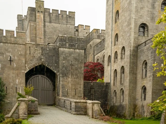 A view of Penrhyn Castle gatehouse, an extensive medieval country house in Llandygai, Bangor, North Wales, in the form of a Norman castle.