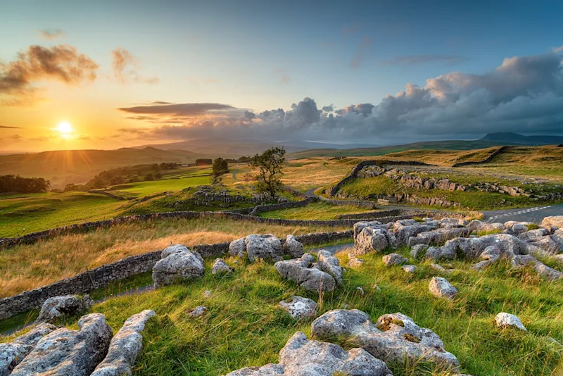 Sunset over the Winskill Stones Nature Reserve in the Yorkshire Dales National Park, North Yorkshire, England, UK