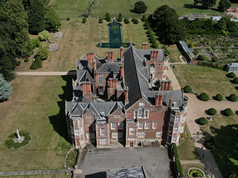 Aerial view of Burton Agnes Hall and Gardens in East Yorkshire, England, UK