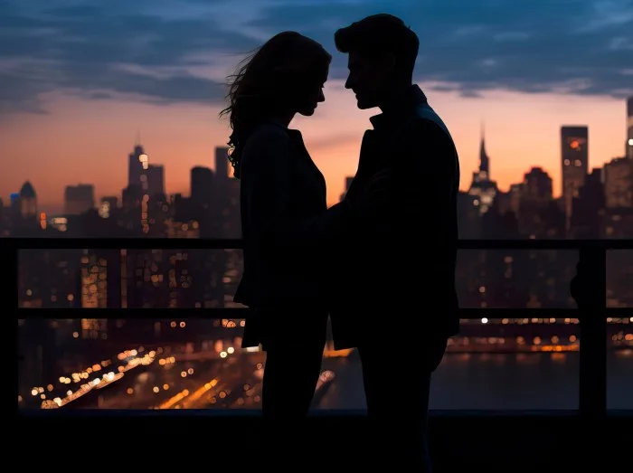 Ein Paar, das einen romantischen Moment auf einem Dach in der Stadt verbringt, mit einer atemberaubenden Skyline im Hintergrund.