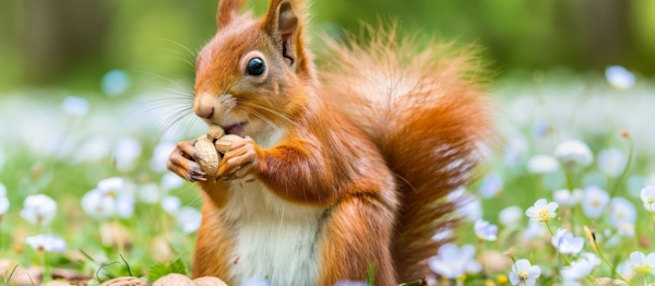 Red Squirrel Eating Nut in Spring Forest
