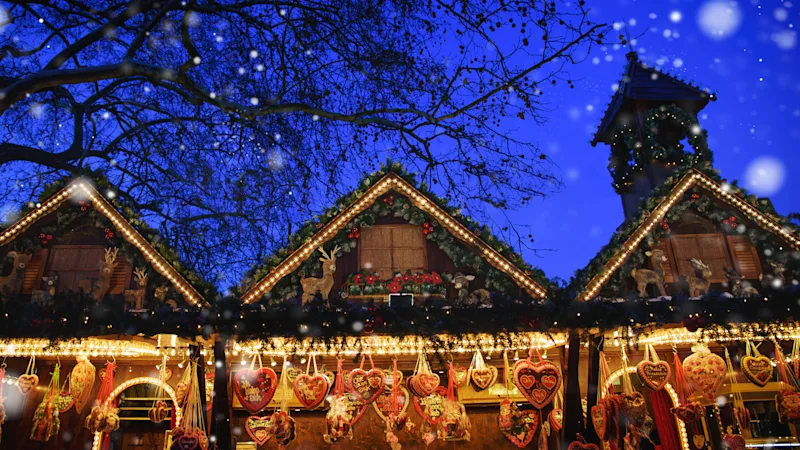 Twinkling lights and festive stalls at a traditional German Christmas market