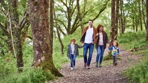 Family walking in the woods together