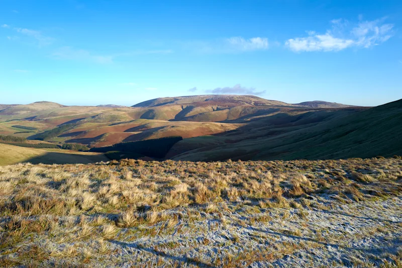 View of The Cheviot on a sunny but frosty winter's morning in Northumberland National Park, England, UK