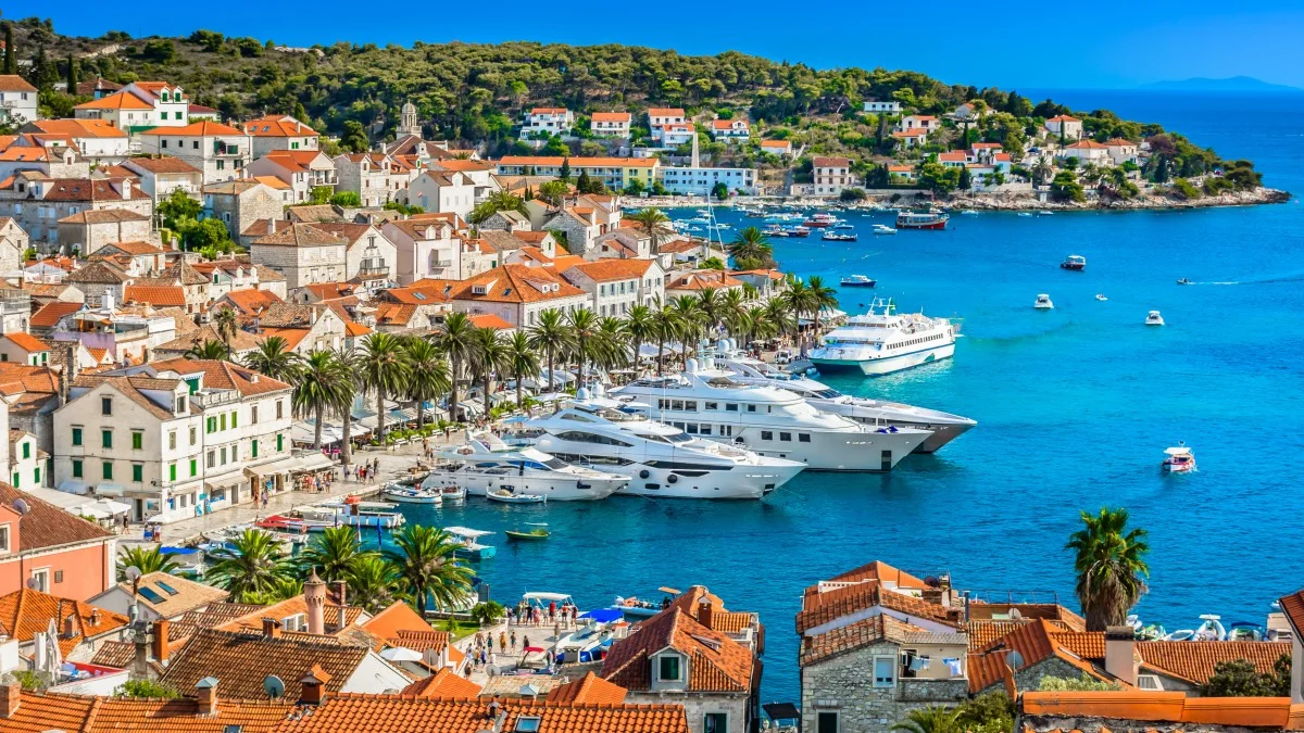 Hvar town mediterranean landscape. / Aerial view at Hvar town in Southern Croatia,