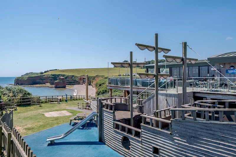 Views from the adventure playground at Ladram Bay Holiday Park (LADR) in Budleigh Salterton, South Devon, England, UK