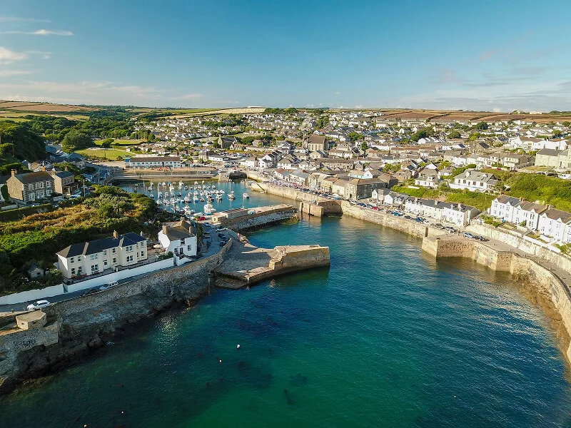 View of the harbour of Porthleven, a historic fishing village located in Cornwall, England