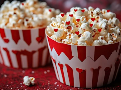Two striped boxes of popcorn with heart decorations on a red table for a Valentine's Day movie night.