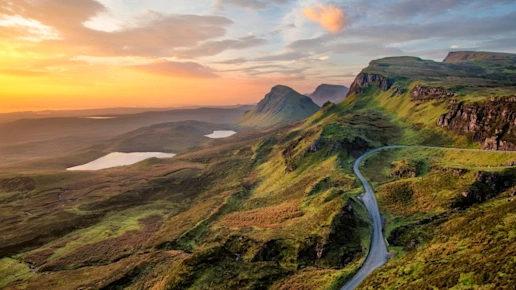 Vibrant sunrise at Quiraing on the Isle of Skye, Scotland.