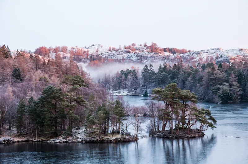 Tarn Hows lake on a frosty morning in the Lake District National Park, Cumbria, England, UK