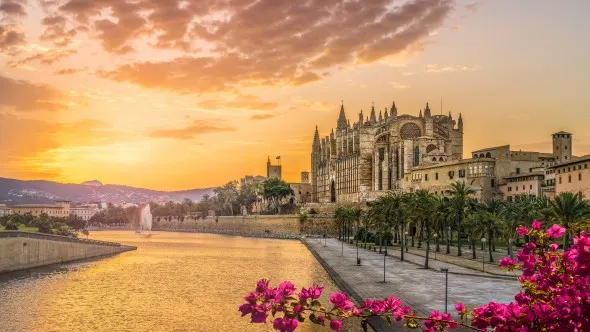 Landscape with Cathedral La Seu at sunset time in Palma de Mallorca islands,