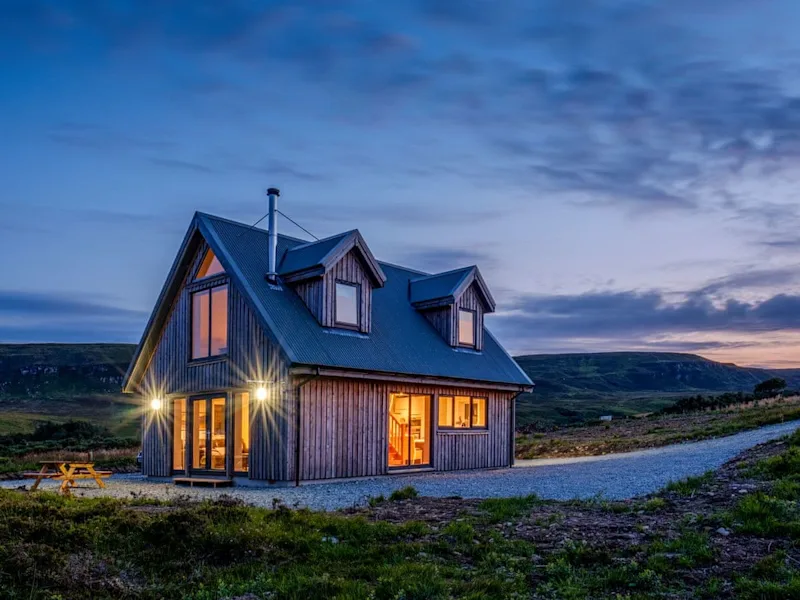 Holiday cottage at night on the Isle of Skye, 17a Husabost, Husabost, near Dunvegan, Scotland, UK