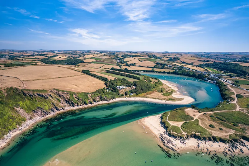 Aerial view of Bantham Beach and River Avon, South Hams, South Devon, UK