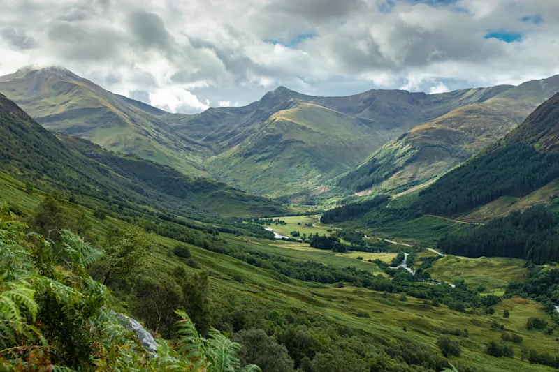 The dramatic landscape of Glen Nevis in Lochaber, near Fort William in the Scottish Highlands, Scotland, UK