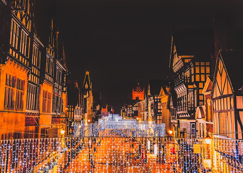 Christmas lights in Chester city centre, Chester, UK