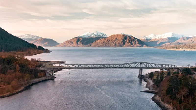 Ballachulish Bridge in Scotland During the Winter Aerial View