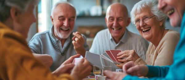 senior men and ladies playing with cards